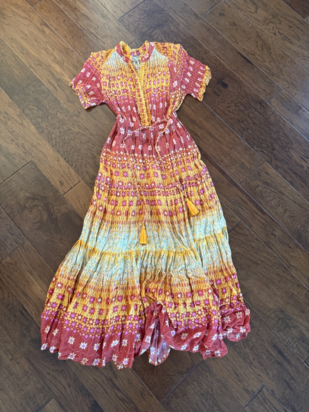 Bohemian Tiered Maxi Dress in Coral and Yellow